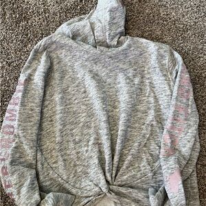 Grey with sparkle pink Abercrombie hooded long sleeve with front knot.